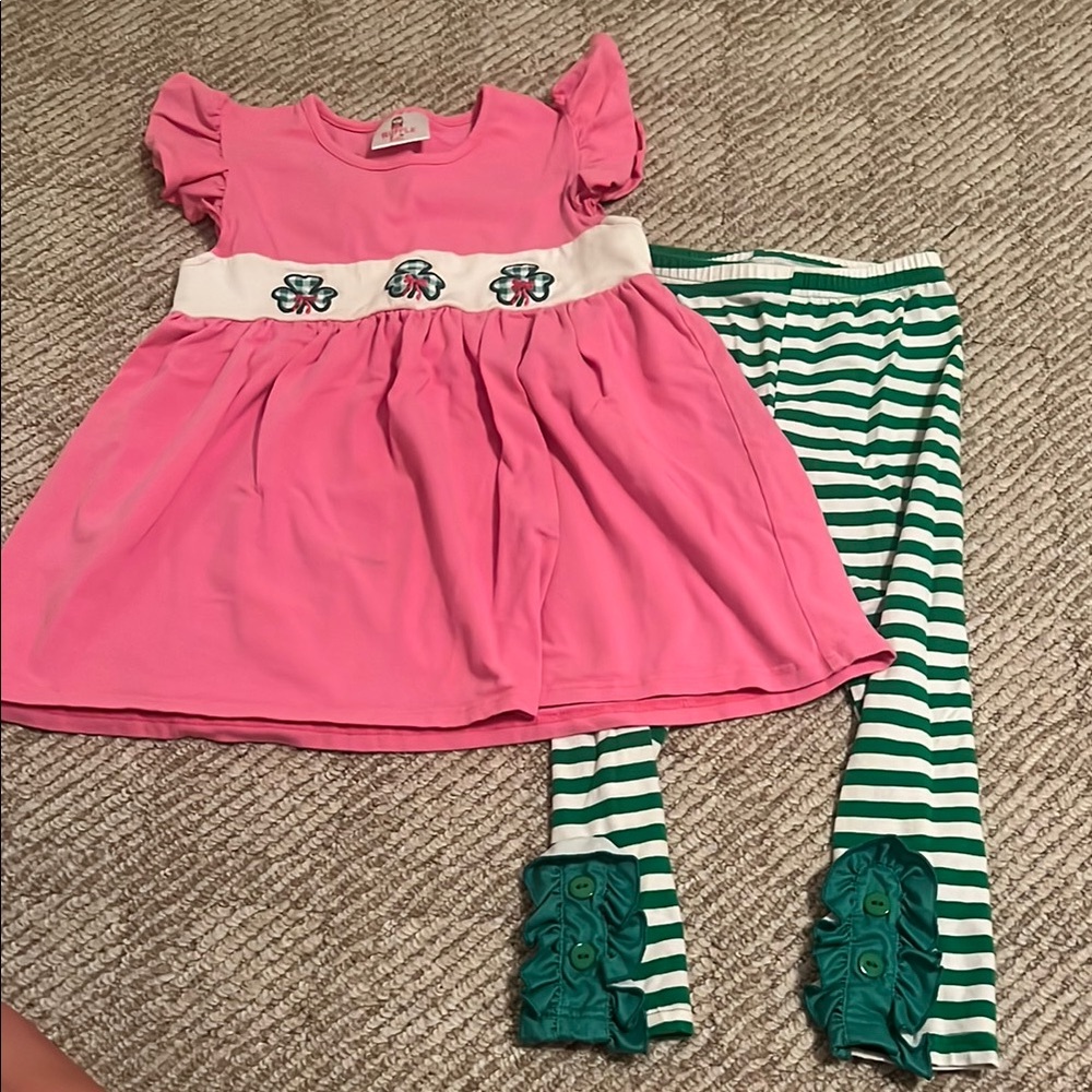 Pink Dress and Green Striped Leggings Set